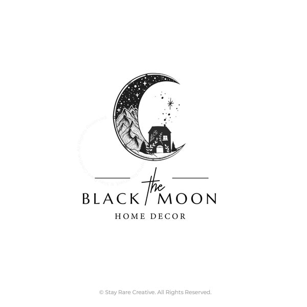 Logotipo de la casa de la luna, dibujo del logotipo de la casa mágica, logotipo simple y limpio, logotipo dibujado a mano, logotipo del sello, logotipo espiritual, logotipo de hierbas, logotipo mágico, luna