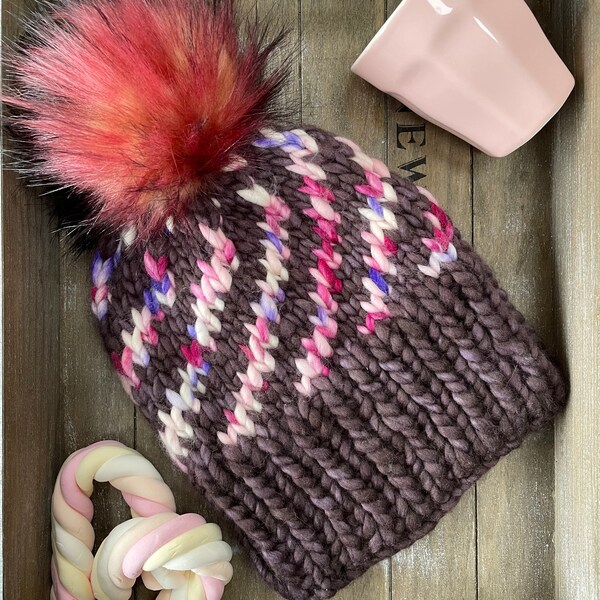 Brown and Pink Merino wool hat with faux-fur pom pom, adult size chunky pom beanie, handmade 100% merino wool