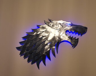 Shadow Wolf Wall Sculpture with Blue LED Lighting - Small, compact wolf art decoration for your living room or bedroom, wall decoration