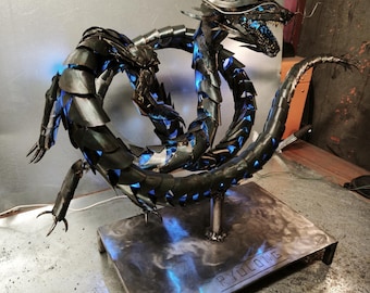 Artful Chinese dragon metal sculpture with microcontroller-controlled LED lighting | Perfect for fans of fantasy