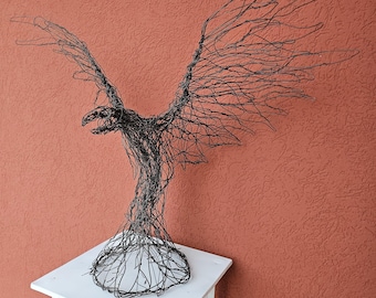 Phoenix wire sculpture – Handcrafted fantasy decoration made of steel | Industrial art bird figure | Symbol of rebirth