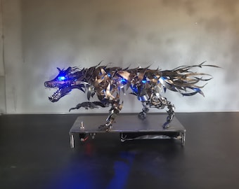 Wolf Metal Sculpture Aura | Wild Animal Sculpture Metal Art Wolf Sculpture Statue Fenrir Decor Art LED Arduino Sculpture Gift Industrial Art
