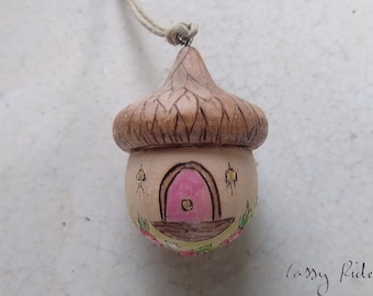 Sweet Roses! Hand drawn with wood burn tool & painted by hand - enchanting wooden acorn house ornament, romantic flowers, whimsical, unique!