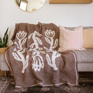 English Graph Crochet Pattern | Bloom Throw Blanket |  Digital PDF | Tapestry graphgan folk boho modern floral minimal scandi