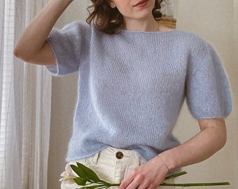 Modèle de tricot | T-shirt Skye | Téléchargement numérique PDF | Pull en mohair à manches courtes simple pour enfants, chemisier en maille légère en dentelle pour enfants, t-shirt moderne