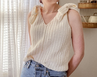 Crochet Pattern | Lottie Tank | Digital PDF download | easy summer top spring cotton bamboo  cami v neck beginner dk weight bow tie