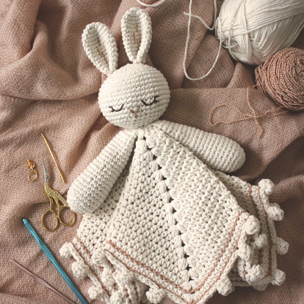 English Crochet Pattern | Sleepy Bunny Lovey Security Blanket |  PDF | woodland animal baby shower handmade amigurumi toy newborn nursery