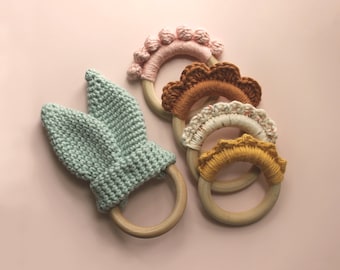 Crochet Pattern | 5 pack Crochet Wood Ring toys | Digital PDF download | tutorial bunny ear rabbit boho modern teething wooden gift