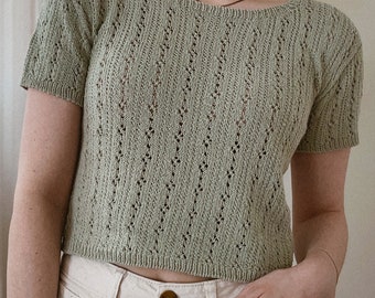 English Knitting Pattern | Fleur Tee |   Digital PDF | summer t-shirt top short sleeve tee blouse eyelet lace pointelle ribbed