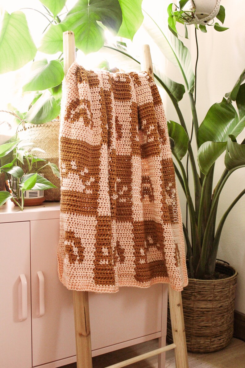 May include: A crocheted blanket with a geometric pattern in shades of brown and pink. The blanket is hanging on a wooden ladder against a pink cabinet.
