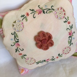 Vintage Embroidered Linen Pillow with Doily