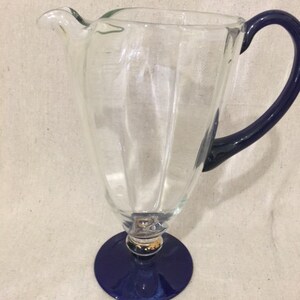 Mid Century Glass Pitcher with Cobalt Blue Trim