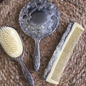 Ornate Silver Plate Vanity Set (Mirror, Comb, Brush)