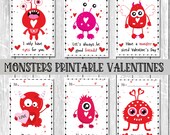 Kids Valentines Cards Instant Digital Download | Printable Kids Valentines Day Cards | Cute Monster Themed Valentines Cards | Valentines PDF