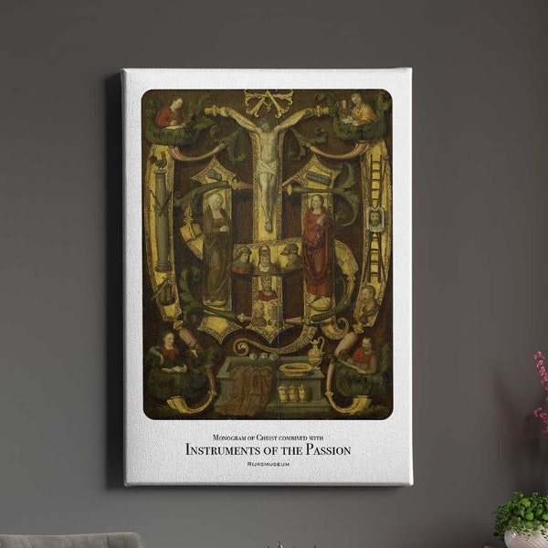 Monograma de Cristo Combinado con Instrumentos de la Pasión, Pintura Famosa, Lienzo Premium, Decoración de Pared Vibrante, Póster Elegante