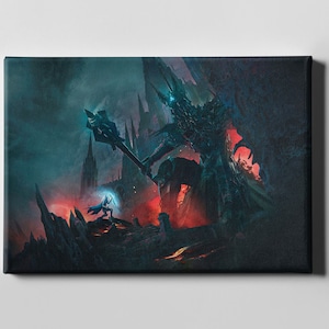 May include: Canvas art print of a fantasy battle scene. A small blue-clad figure confronts a large dark creature with a staff, set against a gothic castle and fiery red and teal colours.