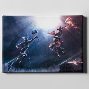 Puede incluir: Impresi&oacute;n art&iacute;stica en lienzo que representa una escena de batalla. Una figura empu&ntilde;a un martillo, la otra un hacha. Los efectos de rel&aacute;mpagos y fuego iluminan las figuras contra un fondo oscuro y monta&ntilde;oso. La obra est&aacute; montada en una pared blanca.