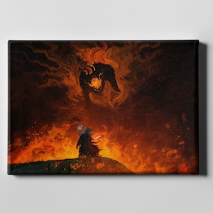 May include: A canvas print depicting a fantasy scene with a wizard facing a fiery creature. The artwork features a dark color palette dominated by shades of orange, red, and black, creating a dramatic and intense atmosphere. The wizard holds a staff with a blue glow.