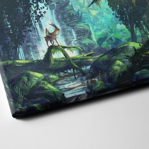 May include: A canvas print depicting a fantasy forest scene. A small deer-like creature with a rider stands on a fallen log. Lush green foliage, a waterfall, and a stream create a vibrant, detailed landscape. The artwork is rich in color and texture.