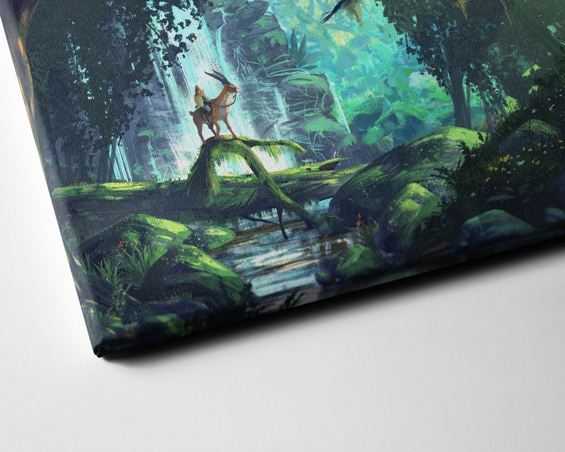 May include: A canvas print depicting a fantasy forest scene. A small deer-like creature with a rider stands on a fallen log. Lush green foliage, a waterfall, and a stream create a vibrant, detailed landscape. The artwork is rich in color and texture.