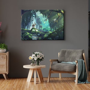 May include: A canvas print depicting a lush, vibrant forest scene. The artwork features a deer standing on a mossy log over a stream, with a waterfall and dense foliage in the background. The color palette is dominated by greens and blues.