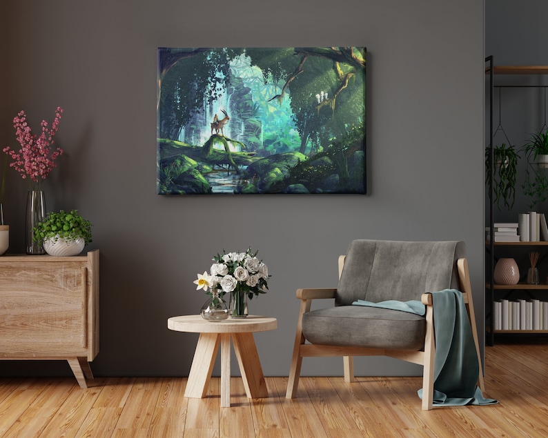 May include: A canvas print depicting a lush, vibrant forest scene. The artwork features a deer standing on a mossy log over a stream, with a waterfall and dense foliage in the background. The color palette is dominated by greens and blues.