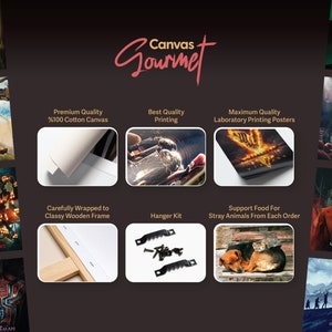 May include: An advertisement for Canvas Gourmet featuring various movie and pop culture art prints. The image highlights product features like premium cotton canvas, best quality printing, and a hanger kit. The brand supports stray animals with each order.
