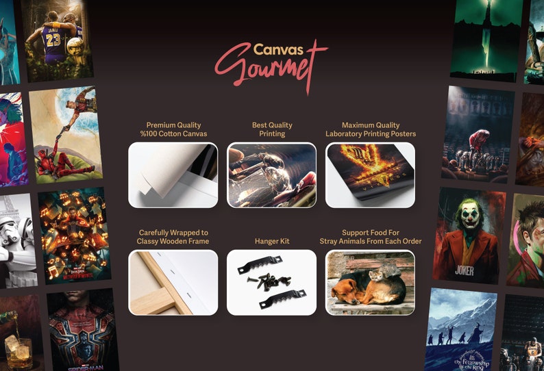 May include: An advertisement for Canvas Gourmet featuring various movie and pop culture art prints. The image highlights product features like premium cotton canvas, best quality printing, and a hanger kit. The brand supports stray animals with each order.