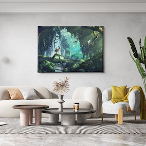 May include: A canvas art print depicting a fantasy forest scene with a deer standing on a mossy log. The artwork features lush green foliage, a stream, and a vibrant, ethereal glow. The print is displayed above a modern living room setup.