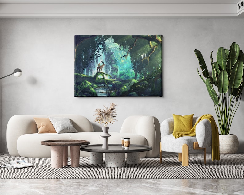 May include: A canvas art print depicting a fantasy forest scene with a deer standing on a mossy log. The artwork features lush green foliage, a stream, and a vibrant, ethereal glow. The print is displayed above a modern living room setup.