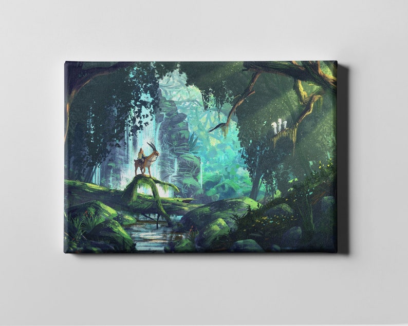 May include: Canvas art print depicting a lush forest scene with a waterfall. A deer-like creature stands on a moss-covered log, with a figure riding on its back. The artwork features vibrant greens, blues, and a sense of depth.