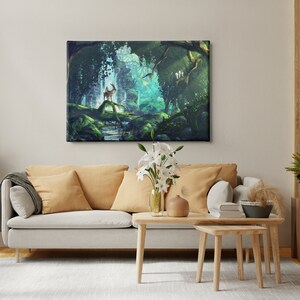 May include: A canvas print depicting a fantasy forest scene with a deer-like creature standing on a mossy log. The artwork features lush green foliage, a flowing stream, and a vibrant, ethereal glow. The print is displayed above a light-colored sofa with yellow pillows.