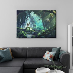 May include: A canvas print depicting a serene forest scene. The artwork features a deer standing on a log in a lush, green environment with a waterfall and vibrant light. The print is displayed above a dark gray sectional sofa with decorative pillows.