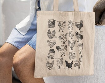 Chicken Canvas Tote Bag | Black & White Chicken Tote | Hand Drawn Chickens on a Reusable Shopping Bag | Chicken Lady Tote | Chicken Sack