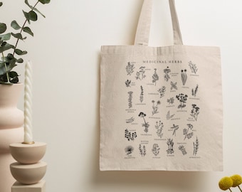Medicinal Herbs Canvas Tote Bag | Gardening tote bag | Reusable Grocery Bags | Foraging Sack | Hand Drawn Holistic Medicine Bag | Herbs Tote