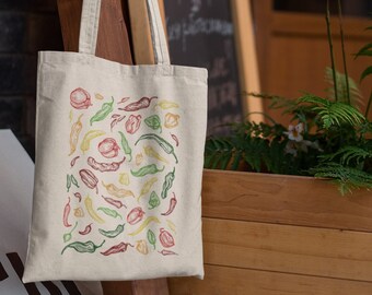 Hand Drawn Hot Pepper Canvas Tote | Reusable & Eco-Friendly | Unique Hot Pepper Gift | Bag for Pepper Lovers  | Reusable Grocery Bags