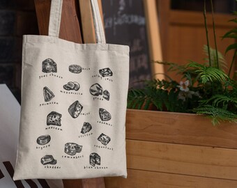 Hand-Drawn Cheese Tote Bag | Reusable Tote | Hand Drawn Cheese Canvas Tote Bag | Dairy tote bag | Reusable Grocery Bags | Vegetable Sack