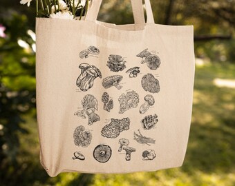 Mushroom Canvas Tote | Hand Drawn Edible Fungi Bag | Reusable & Eco-Friendly Unique Gifts for Mushroom Lover