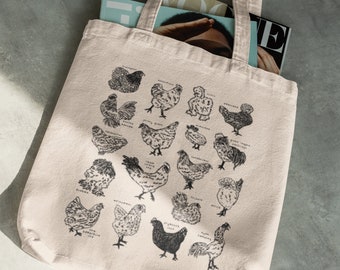 Chicken Canvas Tote Bag | Black & White Chicken Tote | Hand Drawn Chickens on a Reusable Shopping Bag | Chicken Lady Tote | Chicken Sack