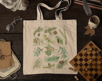 Pine Tree Canvas Tote | Eco-Friendly Hand Drawn Christmas | Unique Christmas Gift | Holiday Winter Pine Needle Tote | Reusable Grocery Bags