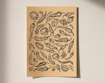 Hand-Drawn Hot Pepper Digital Print | Hot Pepper Lovers | Pepper Gifts | Pepper Poster | Black and white hot peppers line drawing doodle art