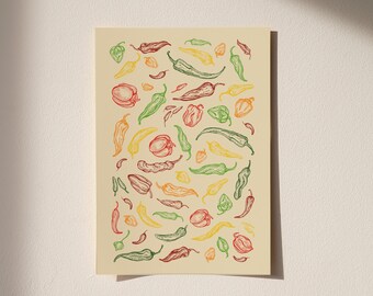 Hand-Drawn Hot Pepper Print | Kitchen Wall Art (Digital Download)