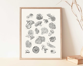 Hand-Drawn Mushroom Printable Wall Art | Fungi Wall Decor | Foraging Gifts | Cute Fungi Poster | Minimalist Mushroom Decor | B&W