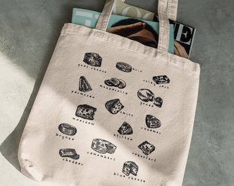 Hand-Drawn Cheese Tote Bag | Reusable Tote | Hand Drawn Cheese Canvas Tote Bag | Dairy tote bag | Reusable Grocery Bags | Vegetable Sack