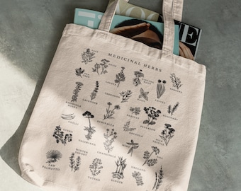 Medicinal Herbs Canvas Tote Bag | Gardening tote bag | Reusable Grocery Bags | Foraging Sack | Hand Drawn Holistic Medicine Bag | Herbs Tote