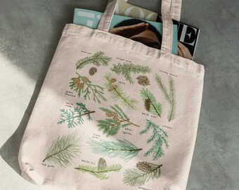Pine Tree Canvas Tote | Eco-Friendly Hand Drawn Christmas | Unique Christmas Gift | Holiday Winter Pine Needle Tote | Reusable Grocery Bags