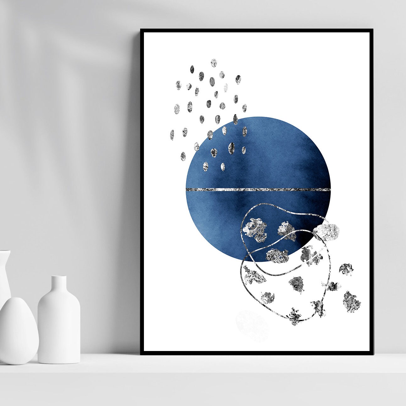 Navy Blue Silver Wall Art Abstract Geometric Circle Print Etsy
