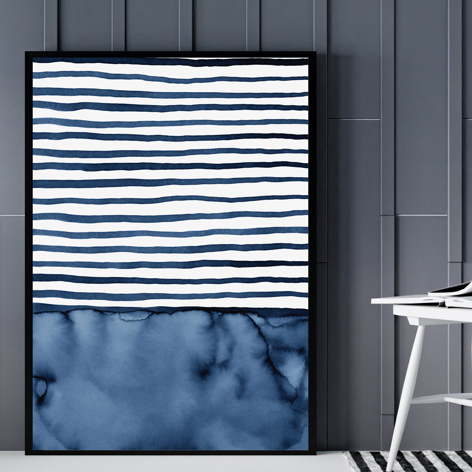 Dark Navy Blue Abstract Printable Wall Art, Bathroom Wall Decor, Large ...