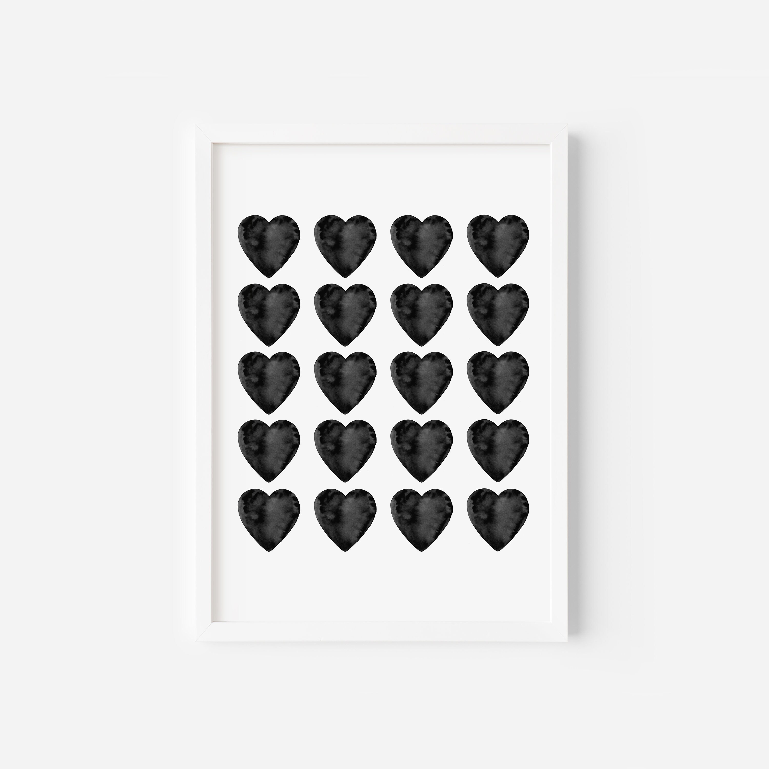 Black Hearts Print, Printable Heart Poster, Watercolor Hearts Painting ...
