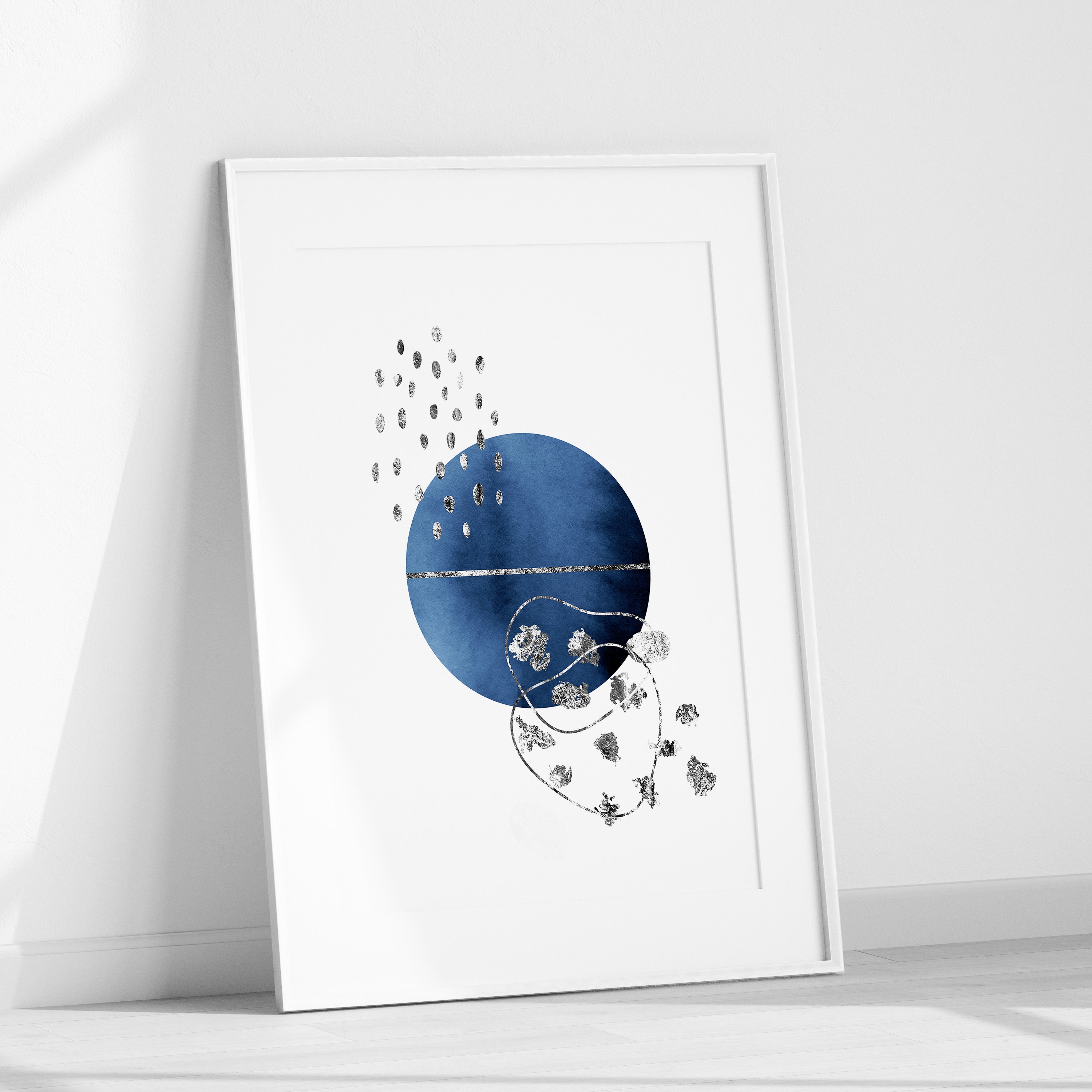 Navy Blue Silver Wall Art Abstract Geometric Circle Print Etsy